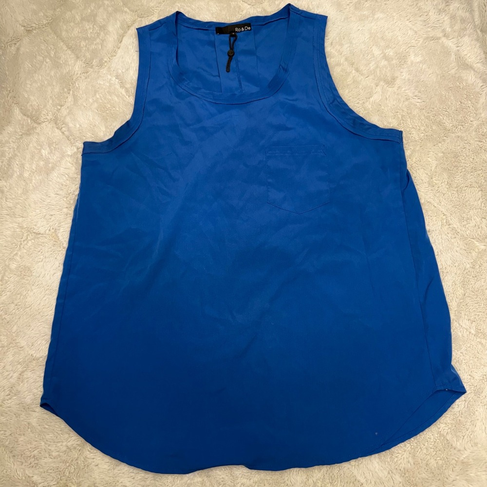 Ro & De Cobalt Blue Silky Tank Blouse M Pocket Hi-Low Minimalist career workwear